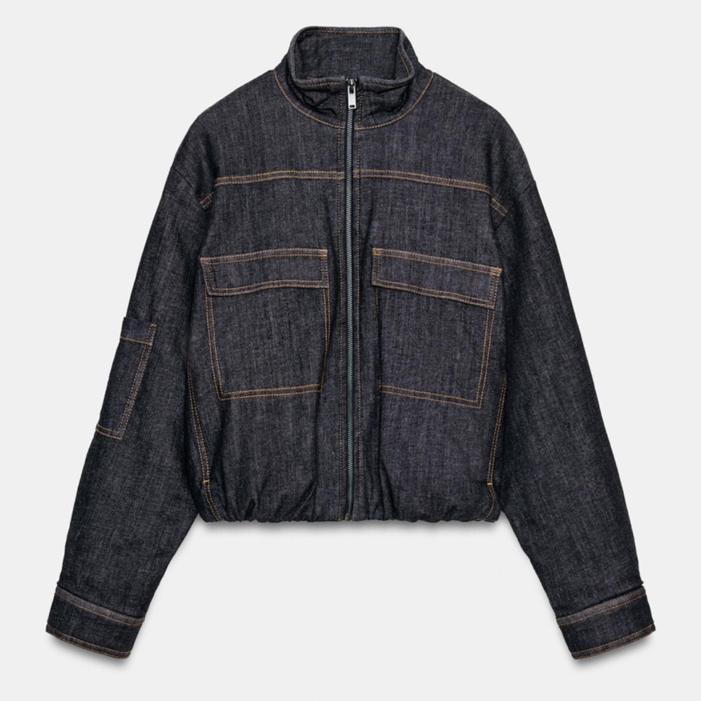 NWT ZARA Dark Wash Oversized Jean Jacket Big Front Patch Pockets Rigid Cotton S - Picture 3 of 12